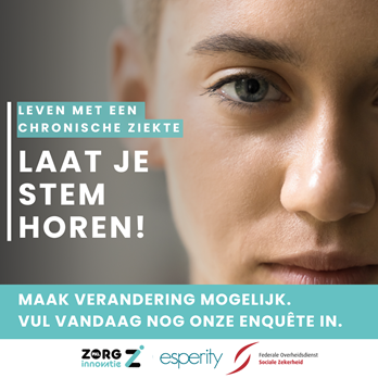 banner van de enquête 'leven met chronische ziekte' 'Laat je stem horen' + close-up van gezicht jonge vrouw 