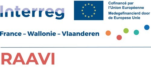 projectlogo Interreg - RAAVI - Gefinancierd door de Europese Unie. France - Wallonie - Vlaanderen en enkele gekleurde bollen